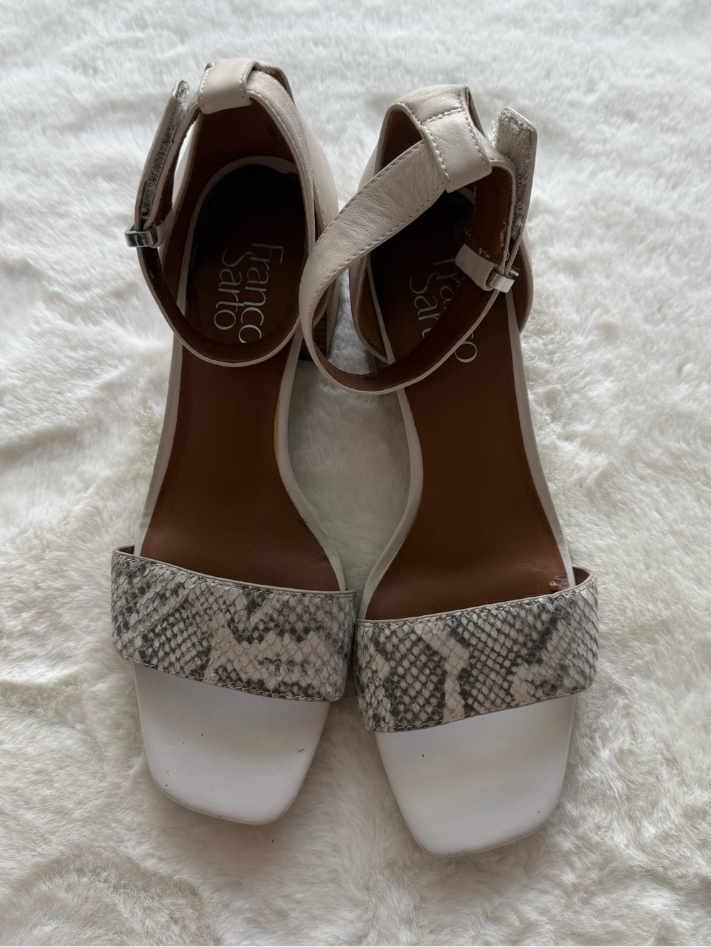 Franco Sarto White Sandals with Snake-Print Front Strap